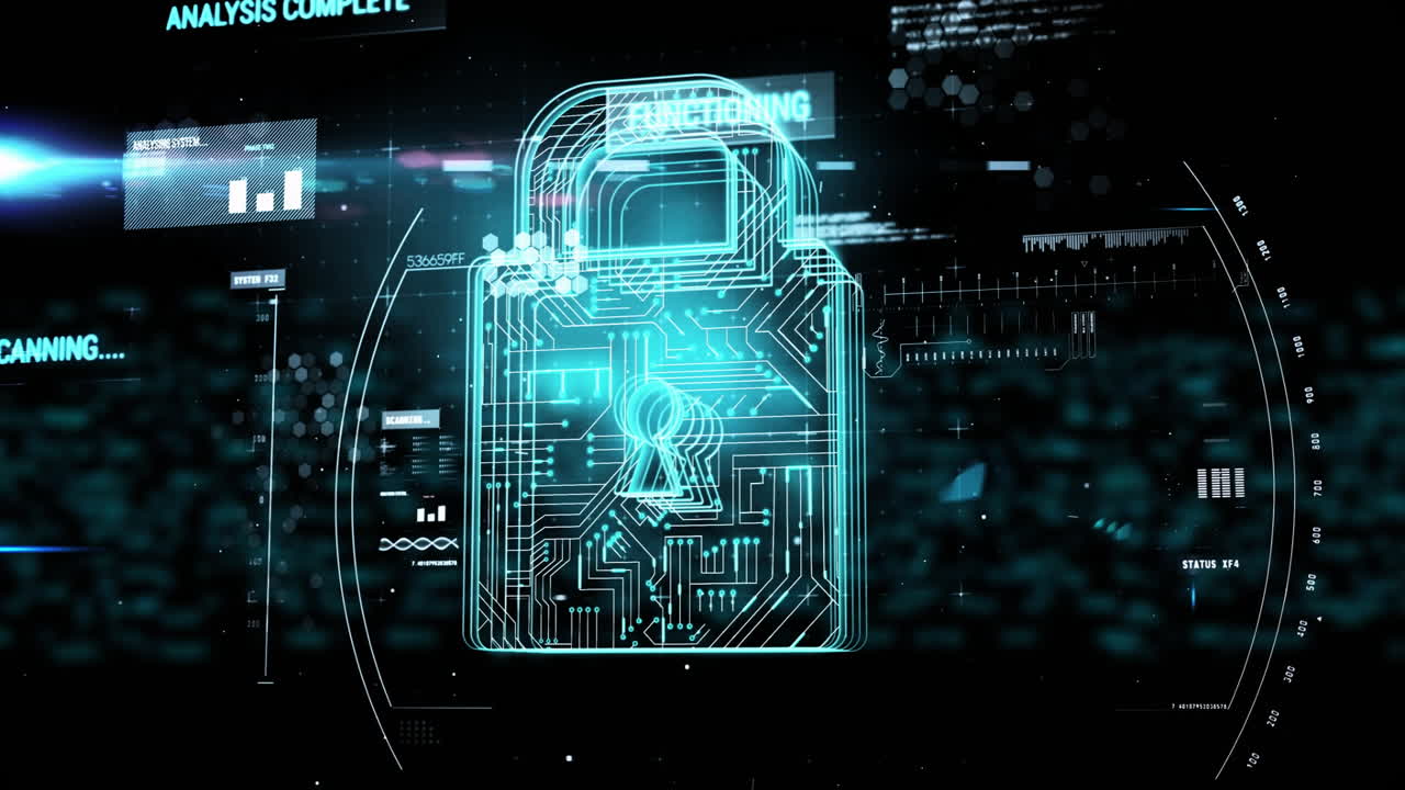 Animation of data processing over scope scanning with padlock icon on black background