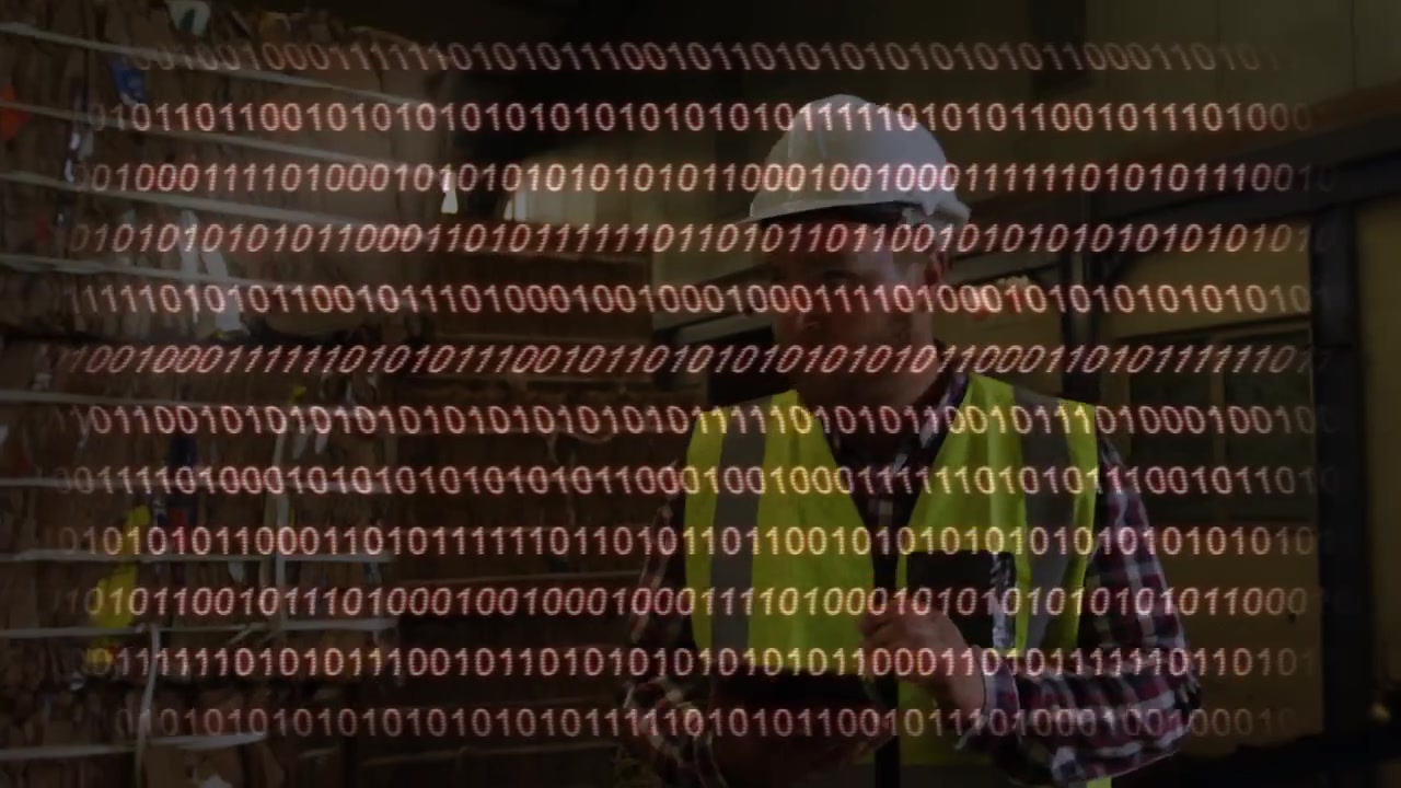 Animation of data processing over caucasian male worker using tablet