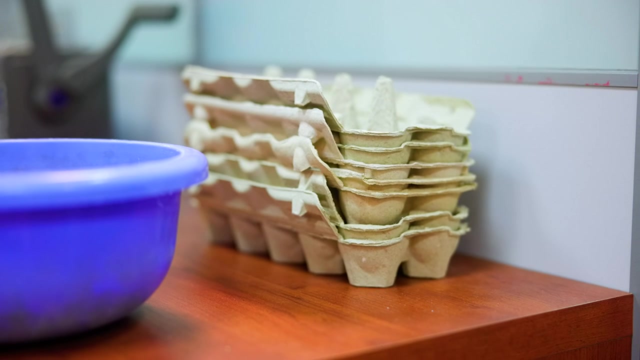 Eine Frau ordnet leere Eierkartons neben einem blauen Waschbecken auf einer Arbeitsplatte aus Holz an, ein sauberer Stapel aus recycelter Pappe.