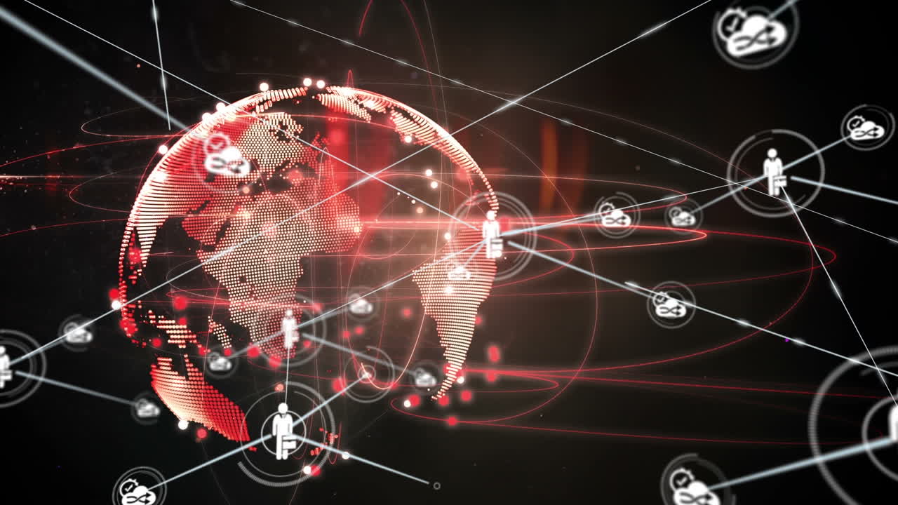 Animation of networks of connections with icons over globe on black background