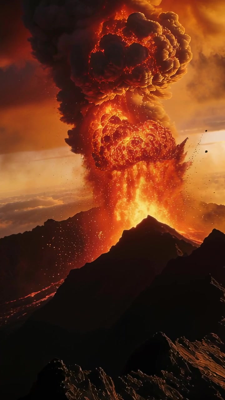 Vertical video: Bursting at vent, erupting volcano venting magma and ejecting glowing plume at peak