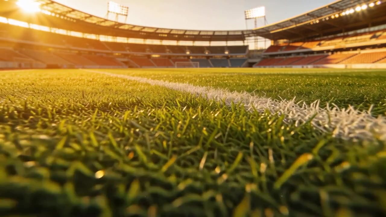Telecamera bassa in panoramica che avanza, rivelando il manto erboso vicino alla linea laterale bianca nello stadio, con il sole che irradia.