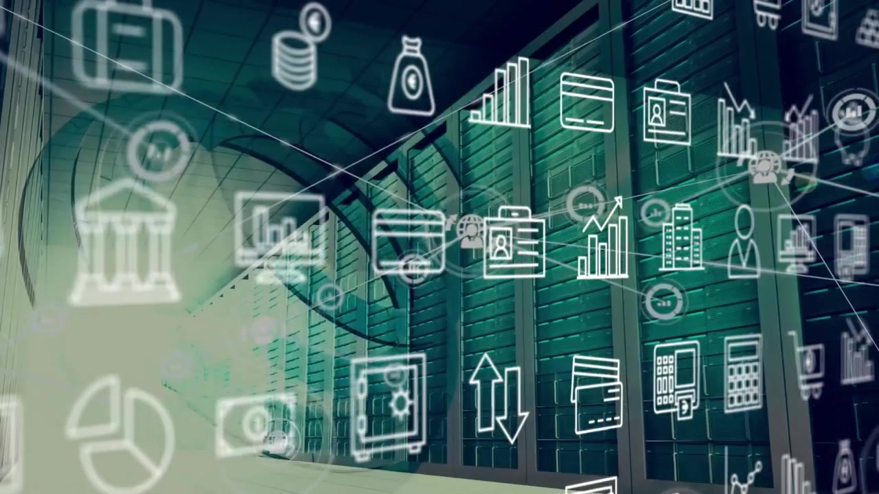 Animation of digital icons and data processing over computer servers