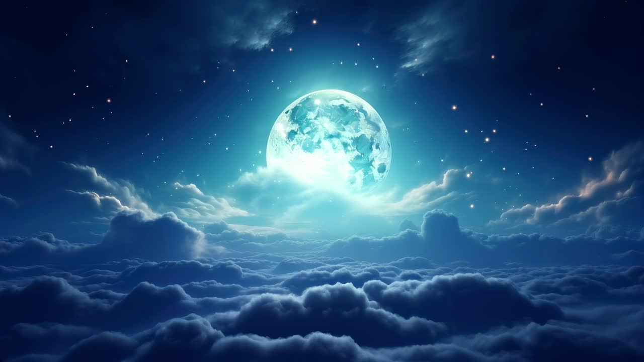 A mesmerizing video concept of a full moon illuminating clouds. Captured from a low angle, the scene