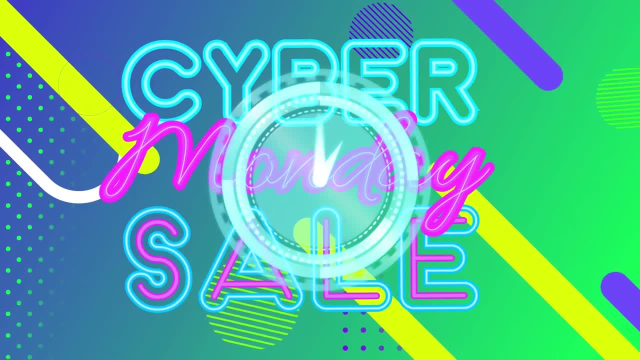 사이버 월요일 판매 텍스트와 시계가 녹색 배경에 선으로 움직이는 애니메이션
