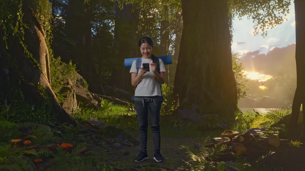 mujer caminando en el bosque con el teléfono