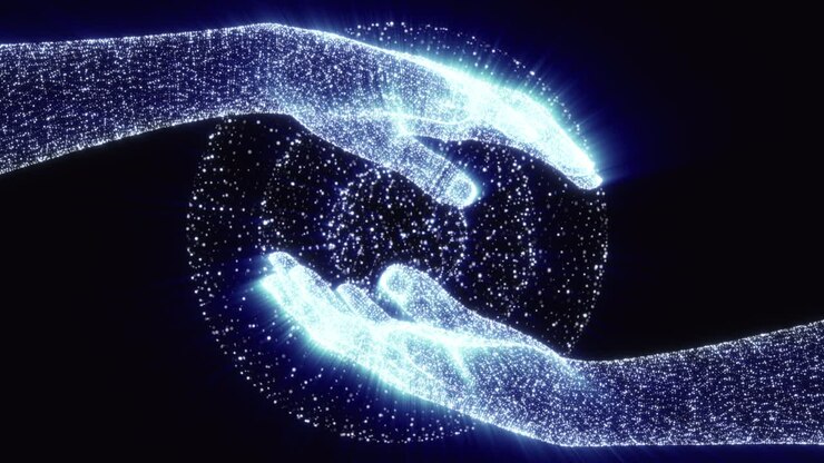 Silhouette two human hand holding spherical form from particles isolated on black background. Technology futuristic concept of people social connection and psychology relations. 3d animation.
