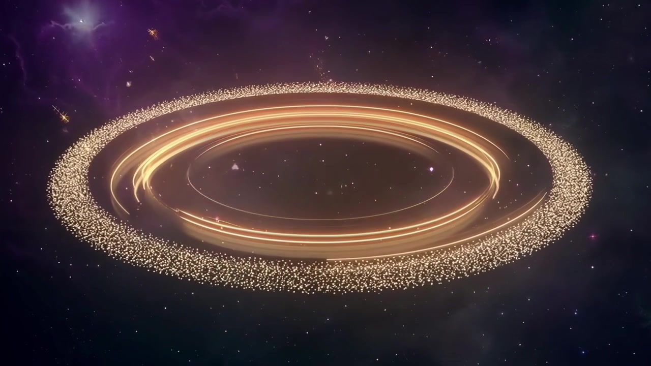 深宇宙で回転する抽象的な金色の光の輪