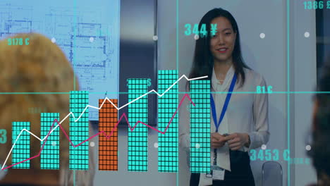 animation of financial data processing over diverse colleagues having meeting in office