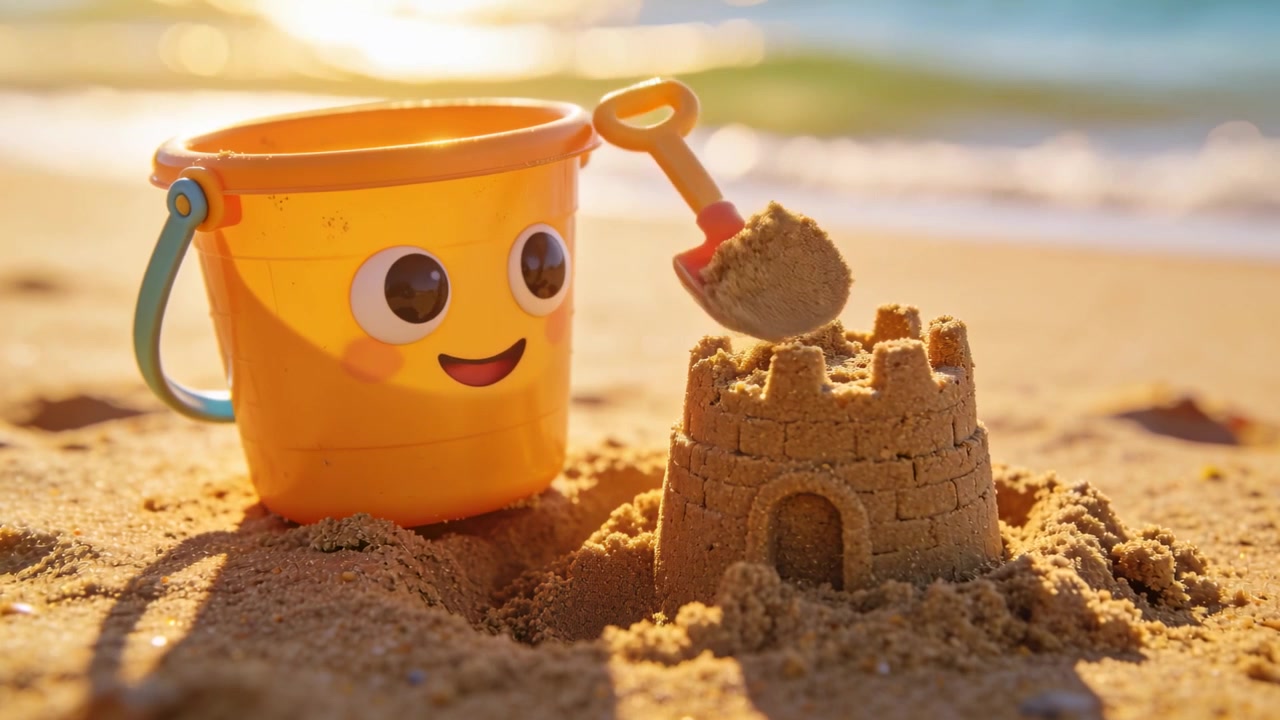 Lifting small orange shovel scooping wet sand on shore, smiling bucket watching, reshaping castle