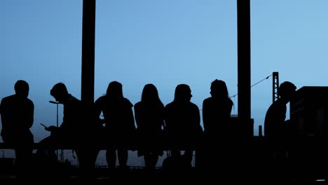 silhouettes - group of people is sitting together at evening light - slow motion