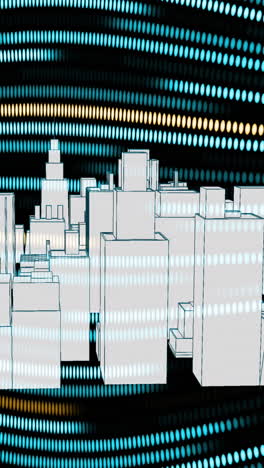 animación de la ciudad del metaverso sobre fondo negro con líneas verdes y amarillas