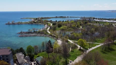 aerial view of a sunny lakeshore along lake ontario near toronto in the spring