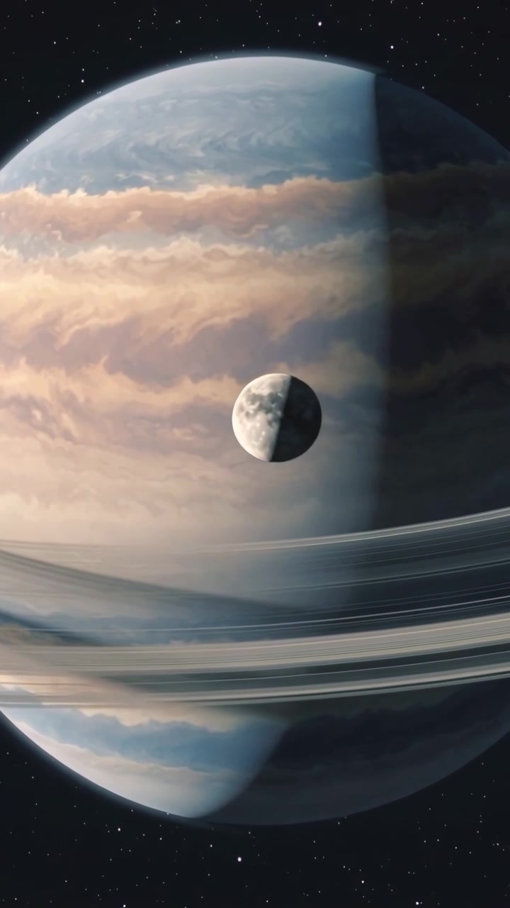 Vertical video: Entering orbiting moon starting transit across ringed planet from right at probe