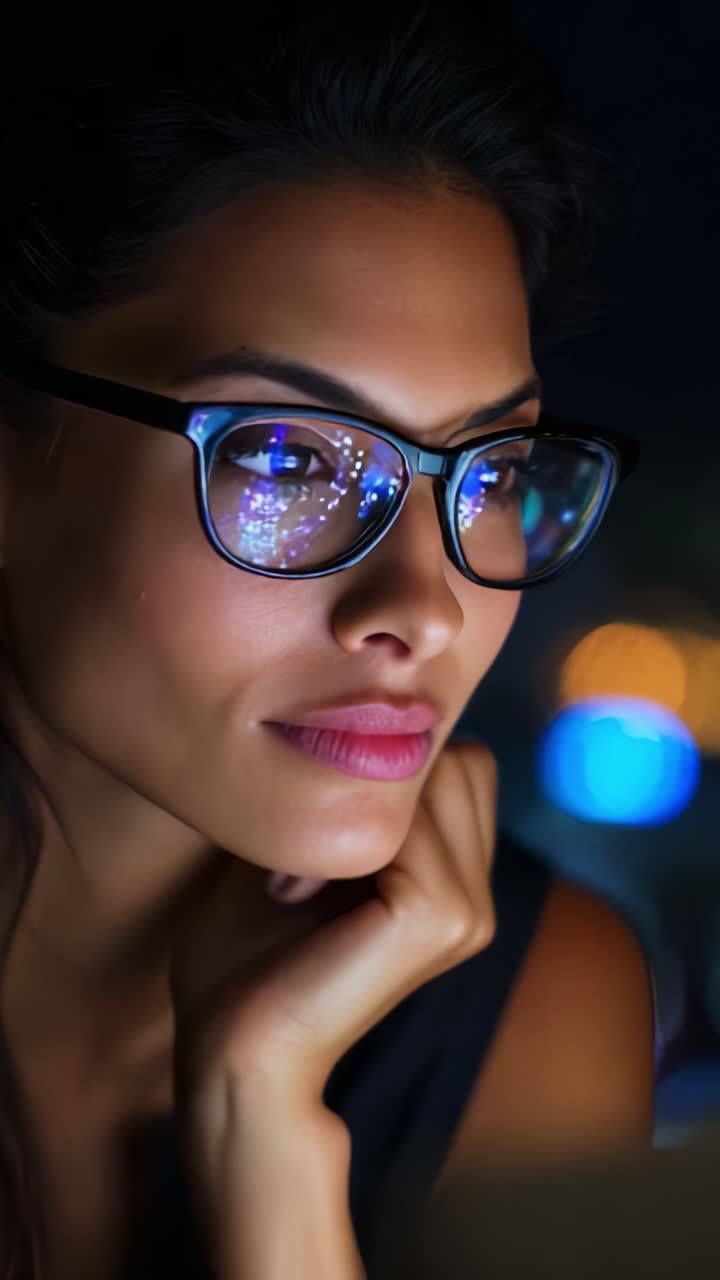 Close-Up of a Thoughtful Woman Wearing Glasses, Engaging with a Bright Display of Light Reflections, Captured in a Dark Setting for Evening Introspection