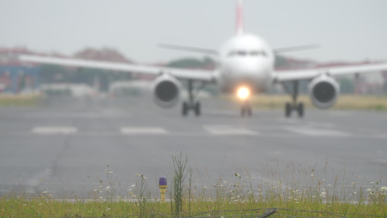 Commercial airplane blurred on runway with clear focus on wild grass and flowers in foreground