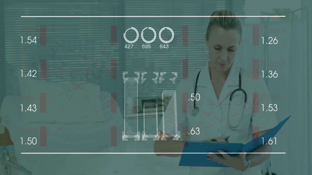 Reviewing patient data, medical professional using digital interface in hospital setting