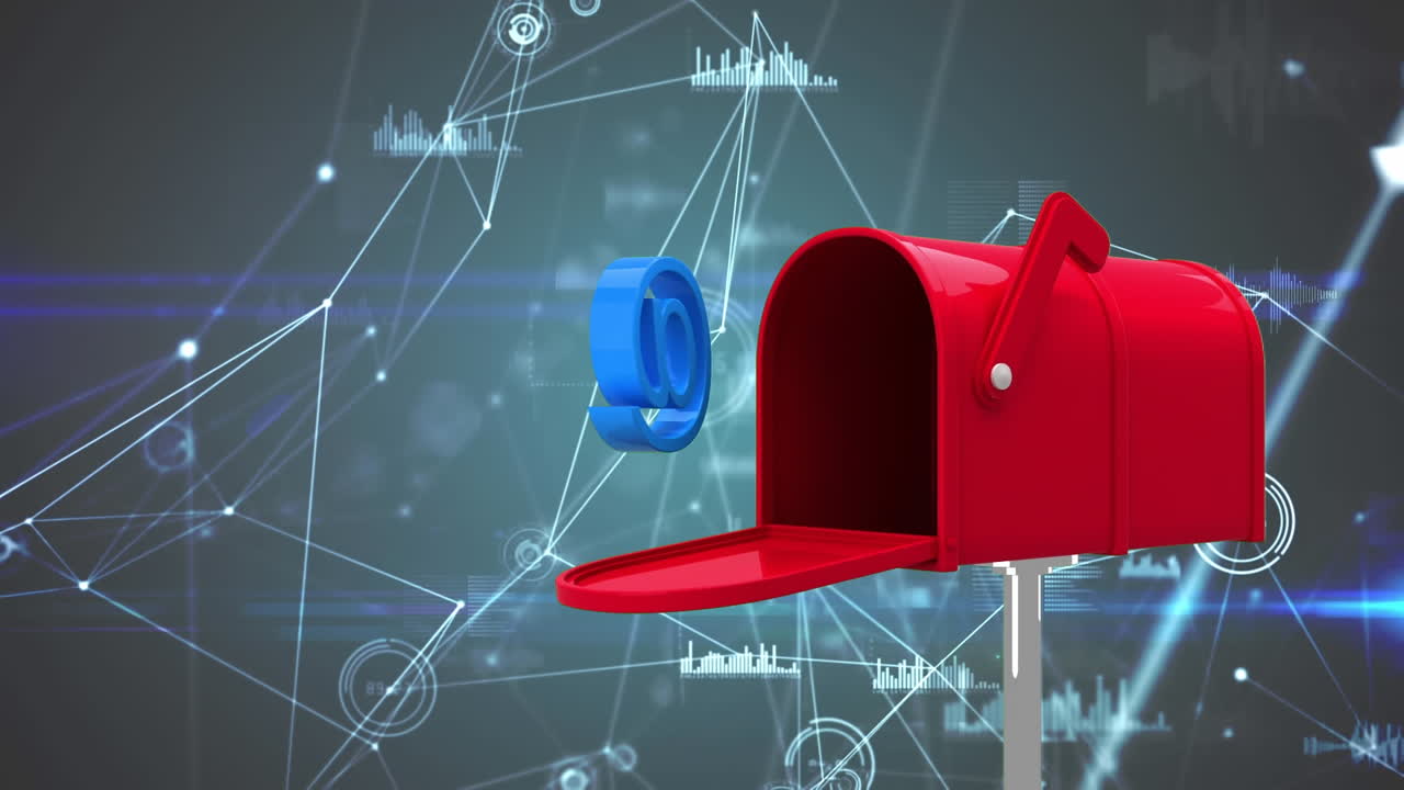 анимация почтового ящика с символом знака и соединениями данных