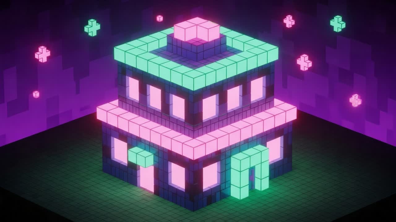 A Vibrant Neon Building Made of Pixelated Blocks Illuminated in an Abstract Digital Environment, Showcasing Colorful Geometry and Luminous Effects