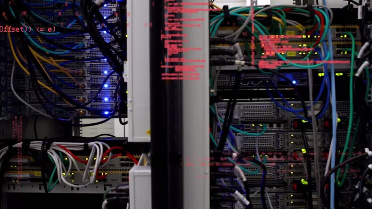 Animation of data processing over close up of computer server