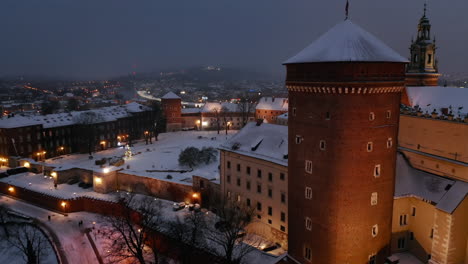 Winter-in-Krakow,-Poland---Aerial-view-of-Wawel-Castle