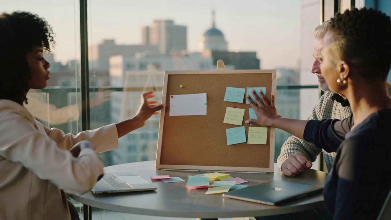 Starting planning, woman in blazer placing white card on board at office arranging sticky notes