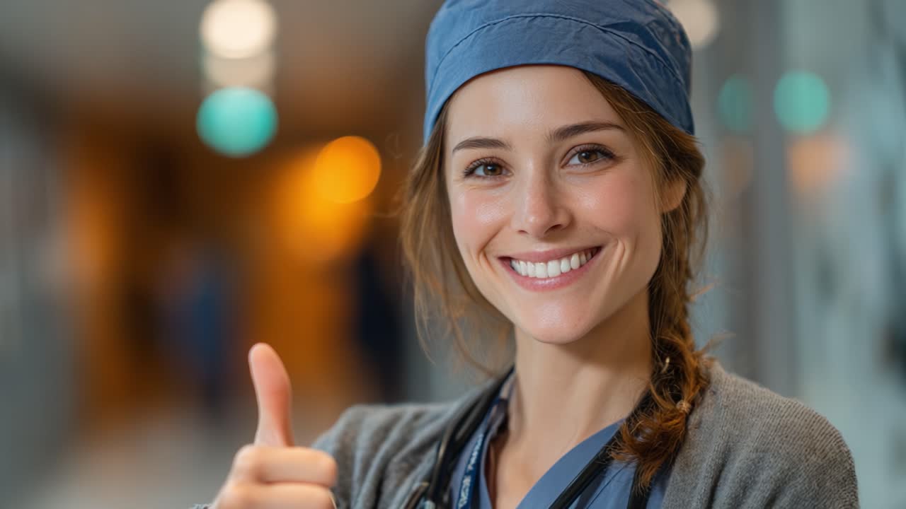 A cheerful healthcare professional demonstrates positivity and confidence with a thumbs-up gesture in a modern clinical setting, showcasing compassion and dedication to patient care