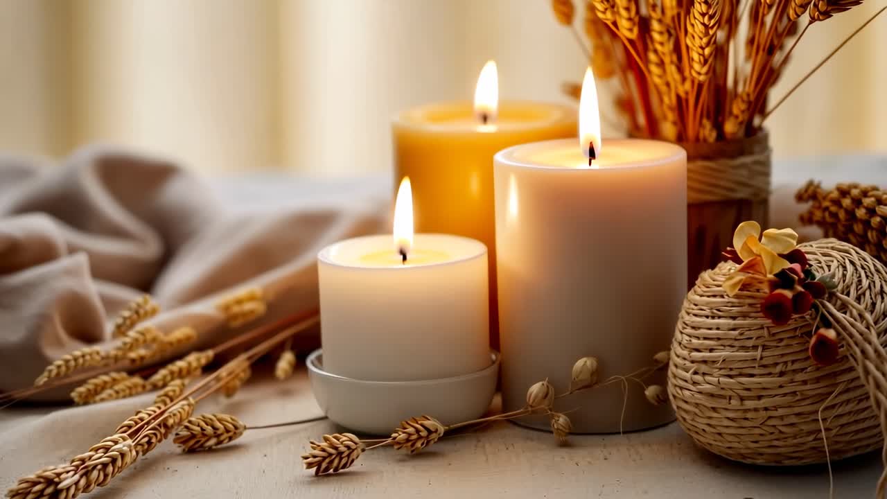 Warm, cozy video scene of lit candles and dried wheat on a table