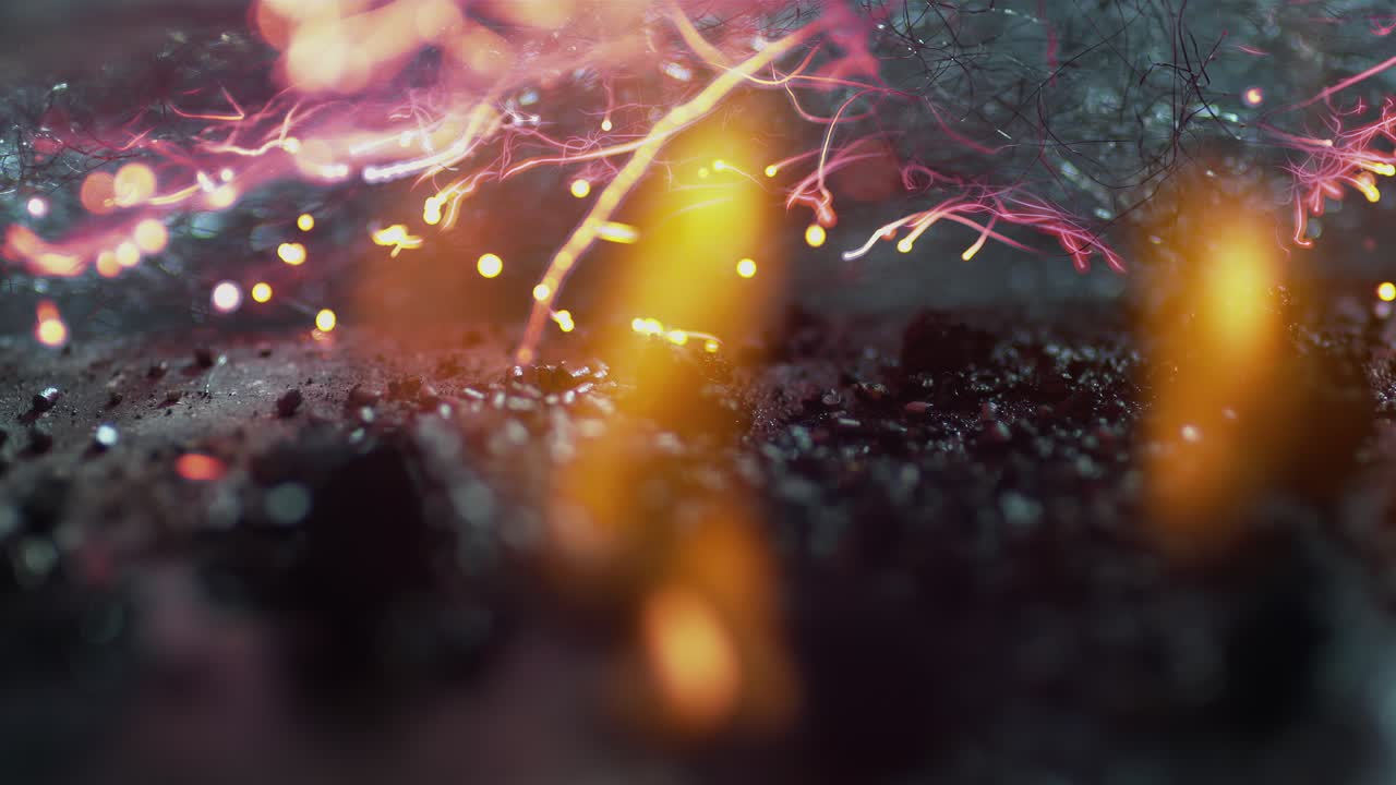 restos quemados de fuegos artificiales ardiendo y brillando en el suelo