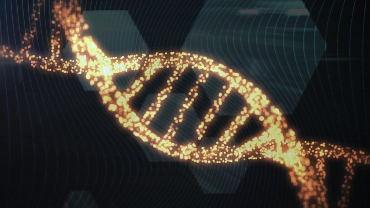 Animation of dna strand spinning and data processing on black background