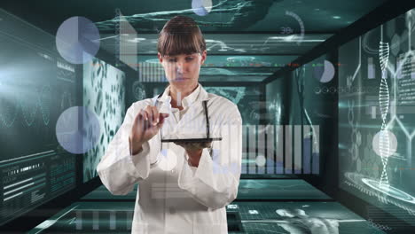 animation of medical data processing over female doctor using tablet and interactive screen