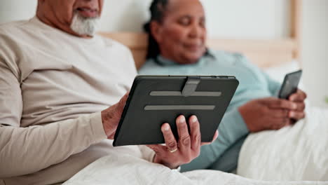 hands, technology and senior couple in bed