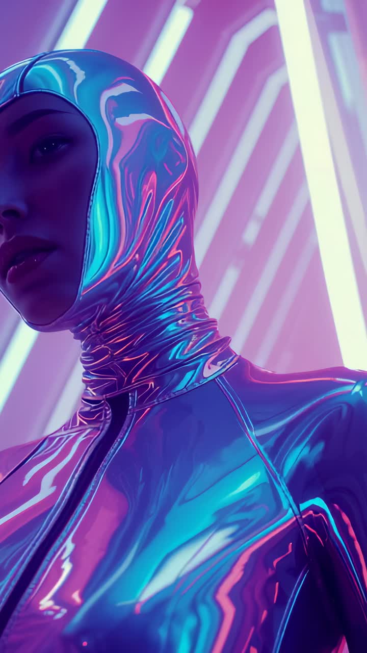 Vertical video: Camera dollying focusing helmeted model revealing metallic suit in neon tunnel