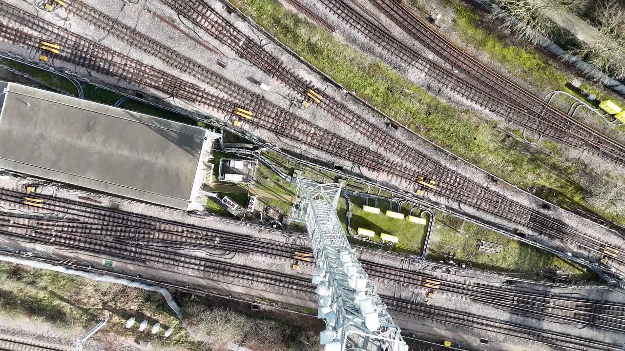 Communications tower and railway lines Tottenham North London Overhead birds eye drone aerial view