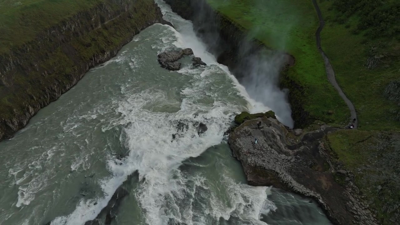 A wide-angle view of Gullfoss waterfall in Iceland, highlighting the surging river, rugged cliffs, and vast surrounding landscape.