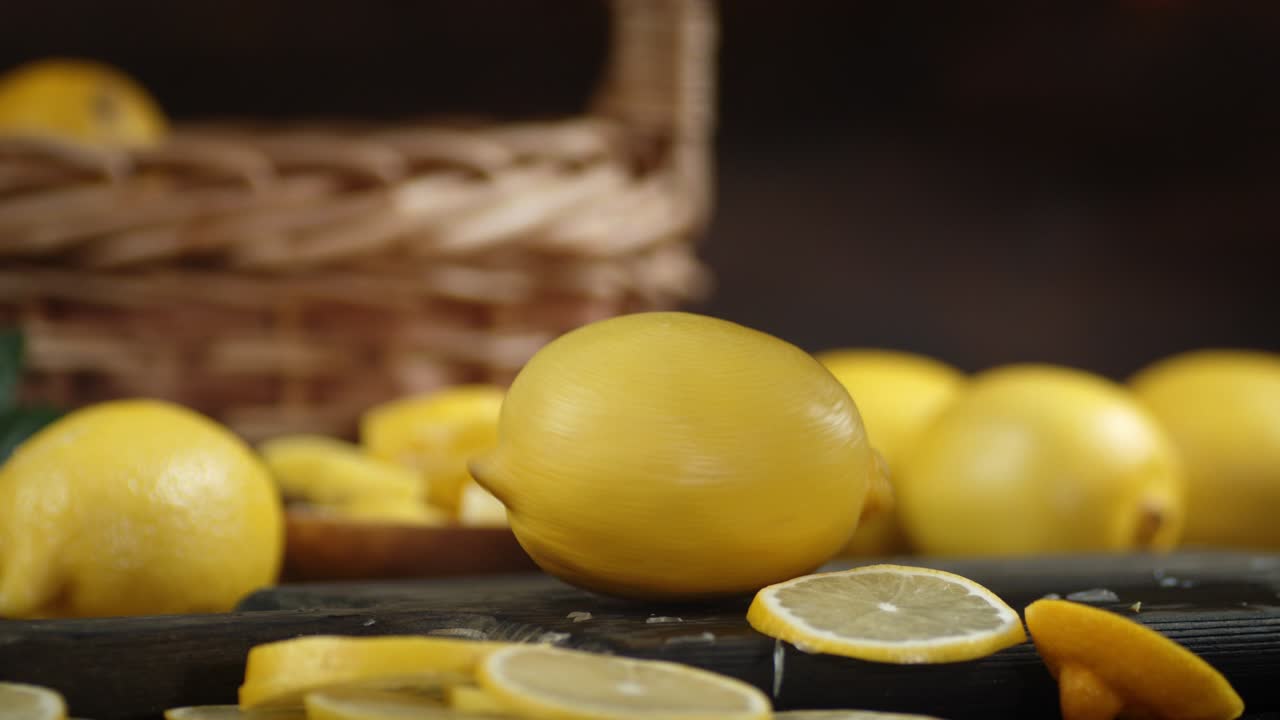 Fresh lemon spinning on a cutting Board.