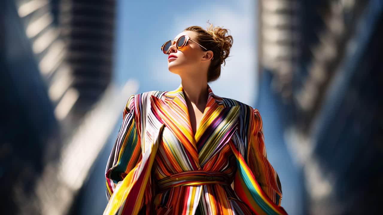 A Bold Fashion Statement: An Exquisite Model Dons a Striped Jacket and Oversized Sunglasses, Capturing the Essence of Contemporary Style with Confidence and Flair