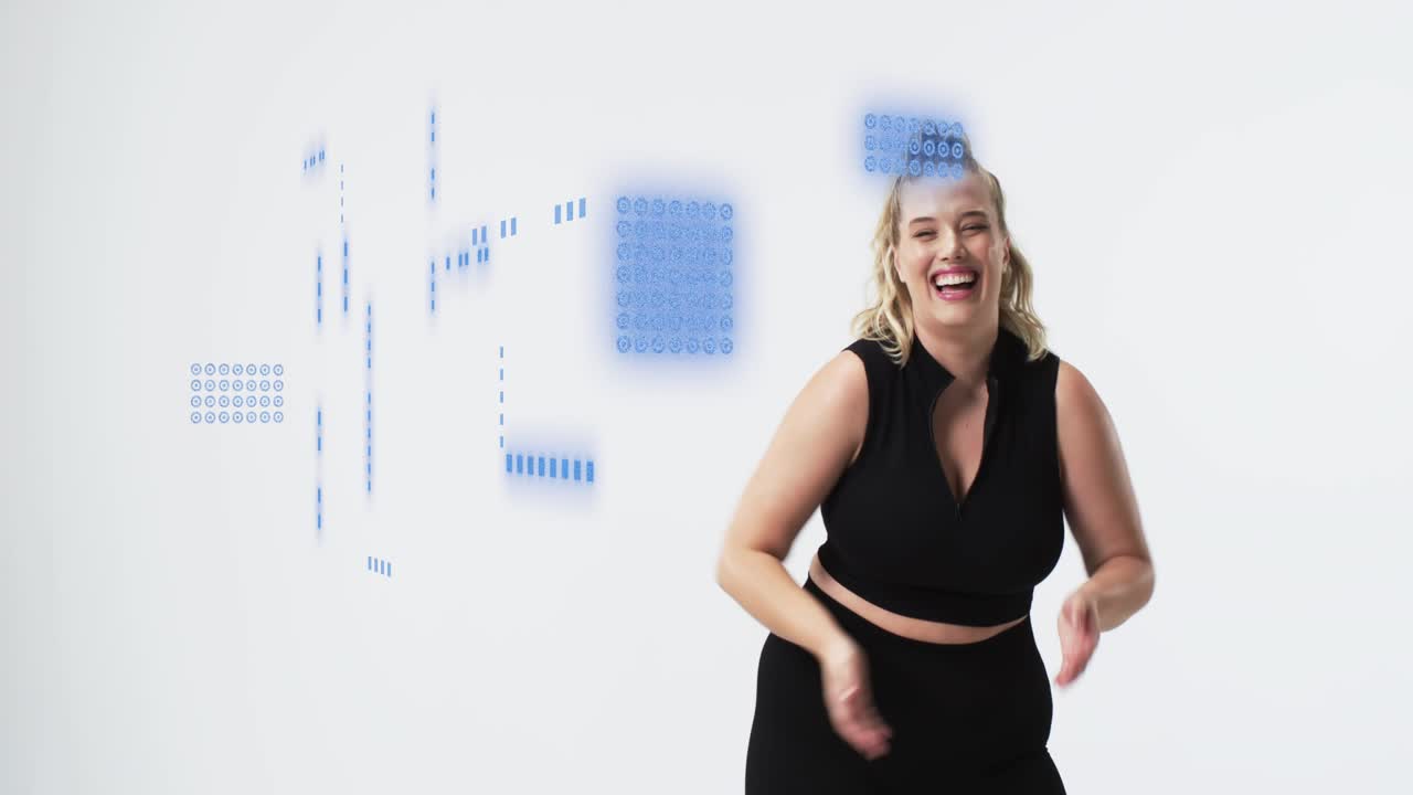 On camera model moving center doing clap-wave-flex while blue graphics overlaying promoting tech