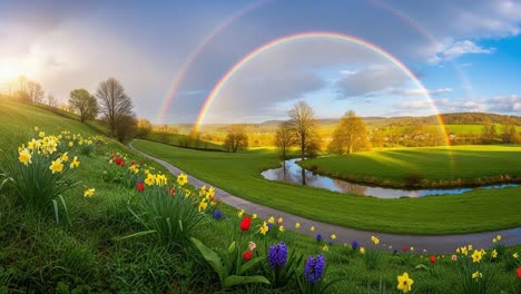 a stunning landscape featuring a double rainbow, vibrant flowers, and serene waterway reflecting nature's beauty in a picturesque setting