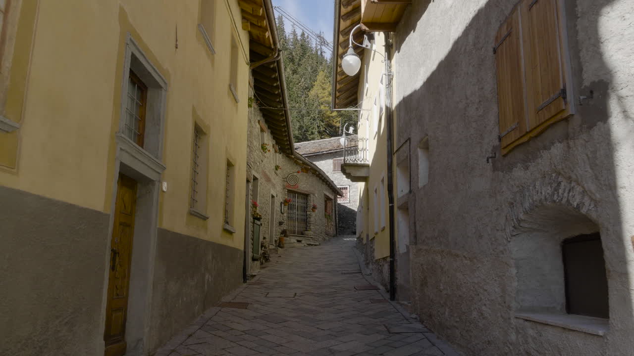 Una vista stradale delle tipiche case alpine a Rhêmes-Notre-Dame in Valle d'Aosta, Italia.