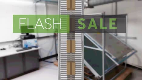 animation of flash sale text over cardboard boxes on conveyor belt