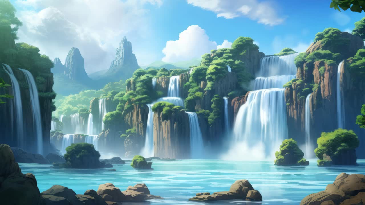 Aerial view of a serene, animated waterfall landscape, with lush ...