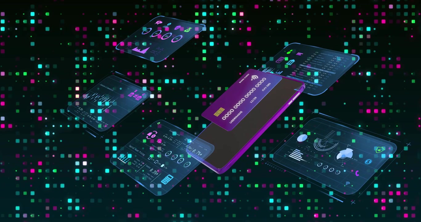 Smartphone appearing, translucent panels orbiting while purple card aligning for dashboard display