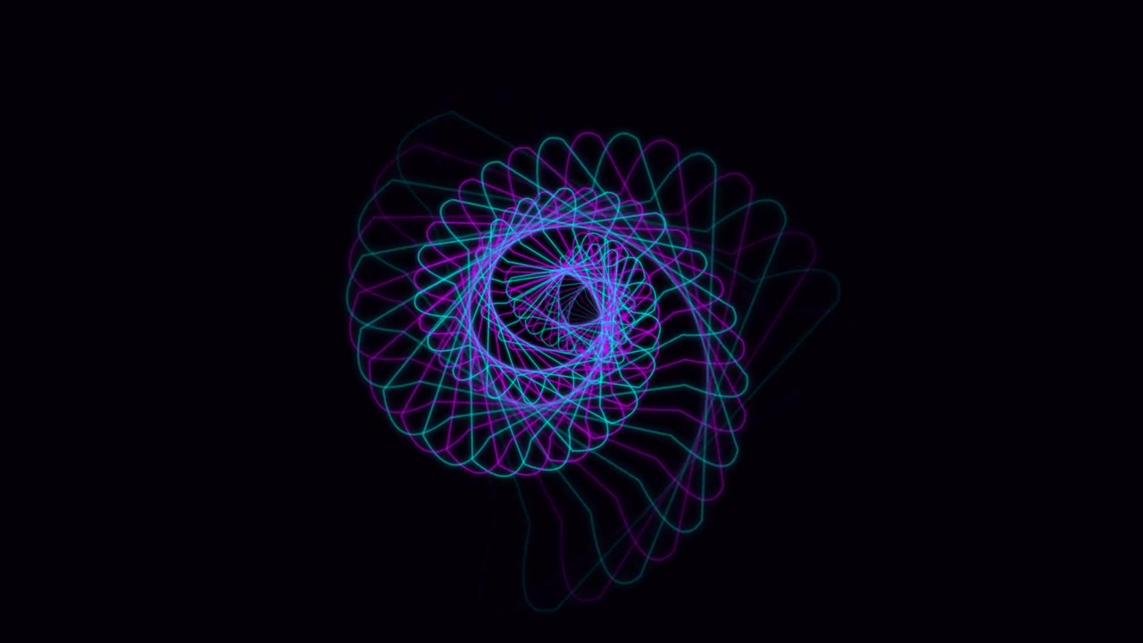 Grafica in movimento astratta a spirale al neon su sfondo nero