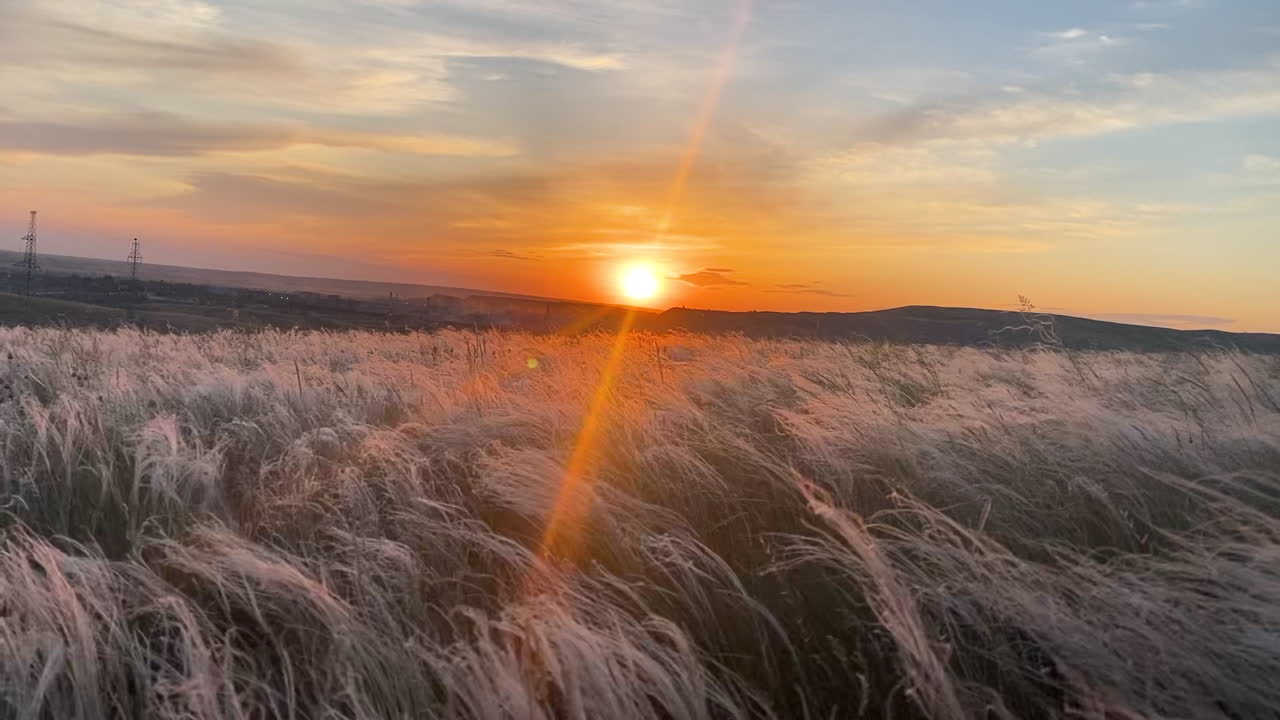 Pôr-do-sol sobre um campo de grama