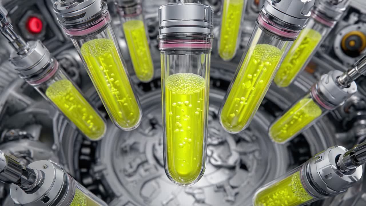 A dynamic scene showcasing futuristic laboratory equipment, highlighting vibrant yellow liquid-filled test tubes suspended in a high-tech circular chamber, symbolizing advanced scientific research and innovation