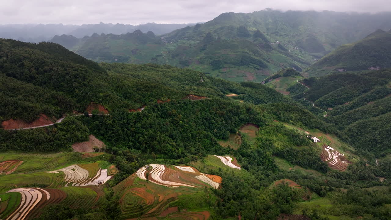 Panoramic Aerial View Of Terraced Rice Field And Mountainous Landscape In Ha Giang, Vietnam.
