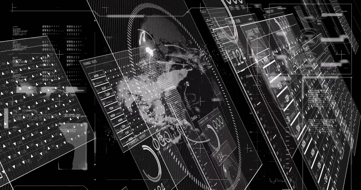 Animation of graphs, data and globe on black digital screen