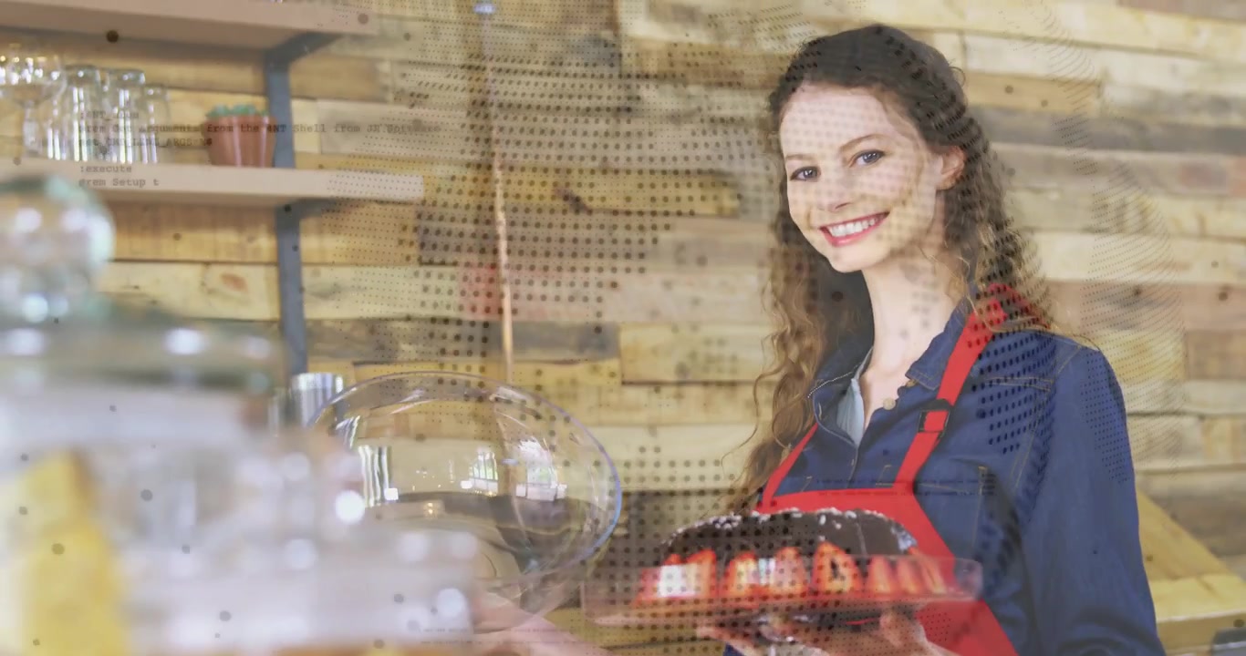 Donna in panetteria che solleva una campana di vetro, svelando una torta e mostrando il prodotto, con una sovrapposizione puntinata che accentua la torta.