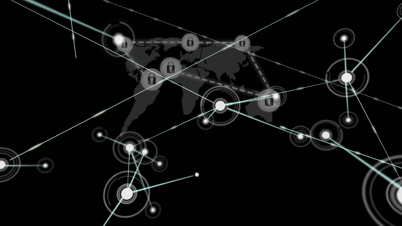 Network of connections over network of security padlock icons against world map on black background